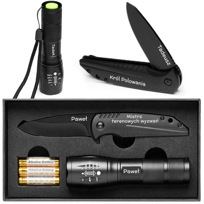 Latarka LED i Nóż stalowy - Zestaw survivalowy z GRAWEREM na Prezent
