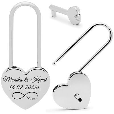 Kłódka miłości z GRAWEREM prezent dla pary na Walentynki Srebrna Duża