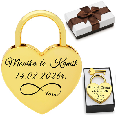 Kłódka miłości z GRAWEREM prezent dla pary na Walentynki Złota GL