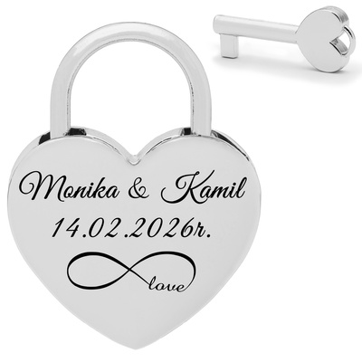 Kłódka miłości z GRAWEREM prezent dla pary na Walentynki Srebrna
