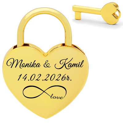 Kłódka miłości z GRAWEREM prezent dla pary na Walentynki Złota