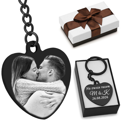 Brelok Serce ze zdjęciem i GRAWEREM prezent na Walentynki Czarny
